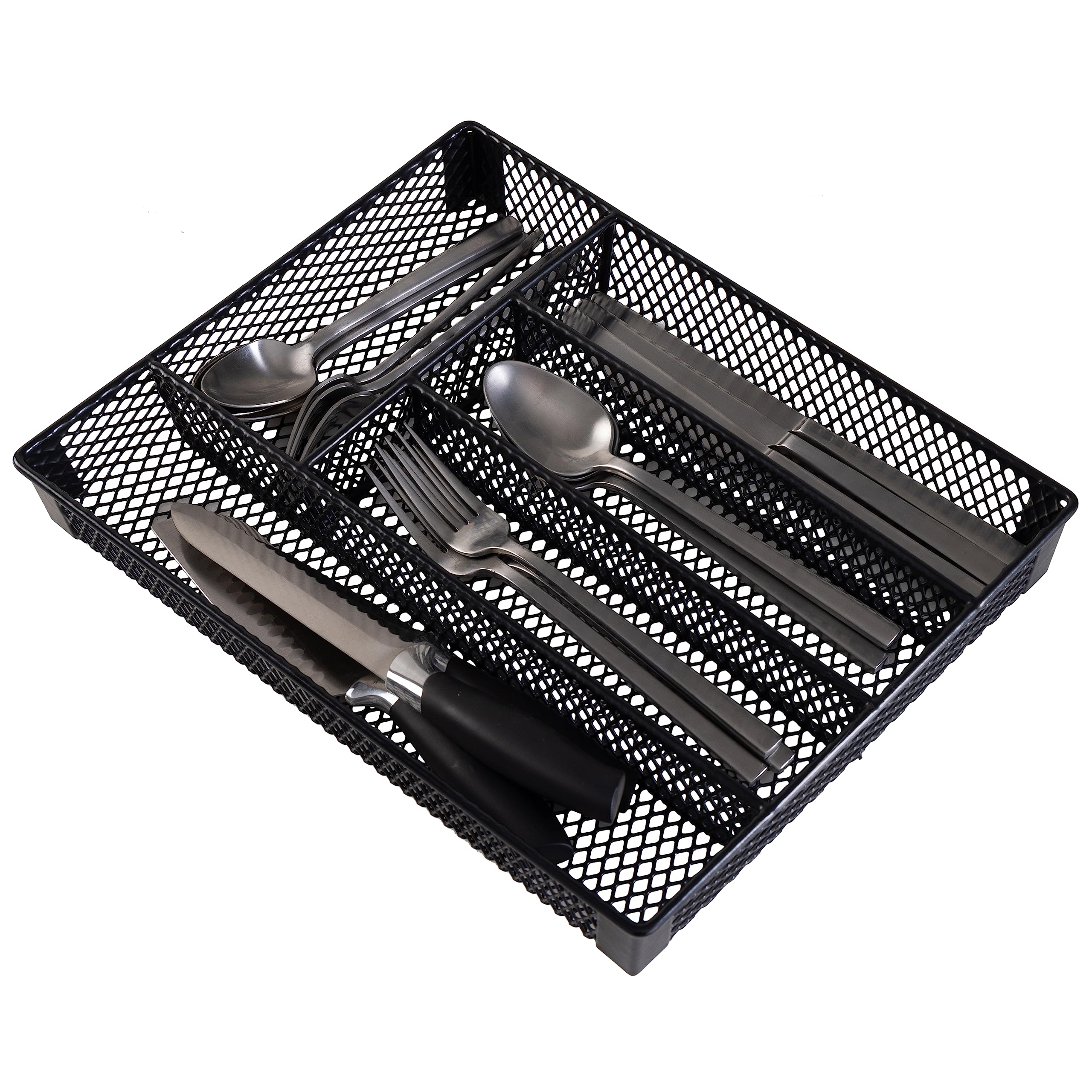 Kitchen Details 5 Compartment Flatware Drawer Organizer | Utensil Holder Tray | EVA Coated Protects Silverware | Black