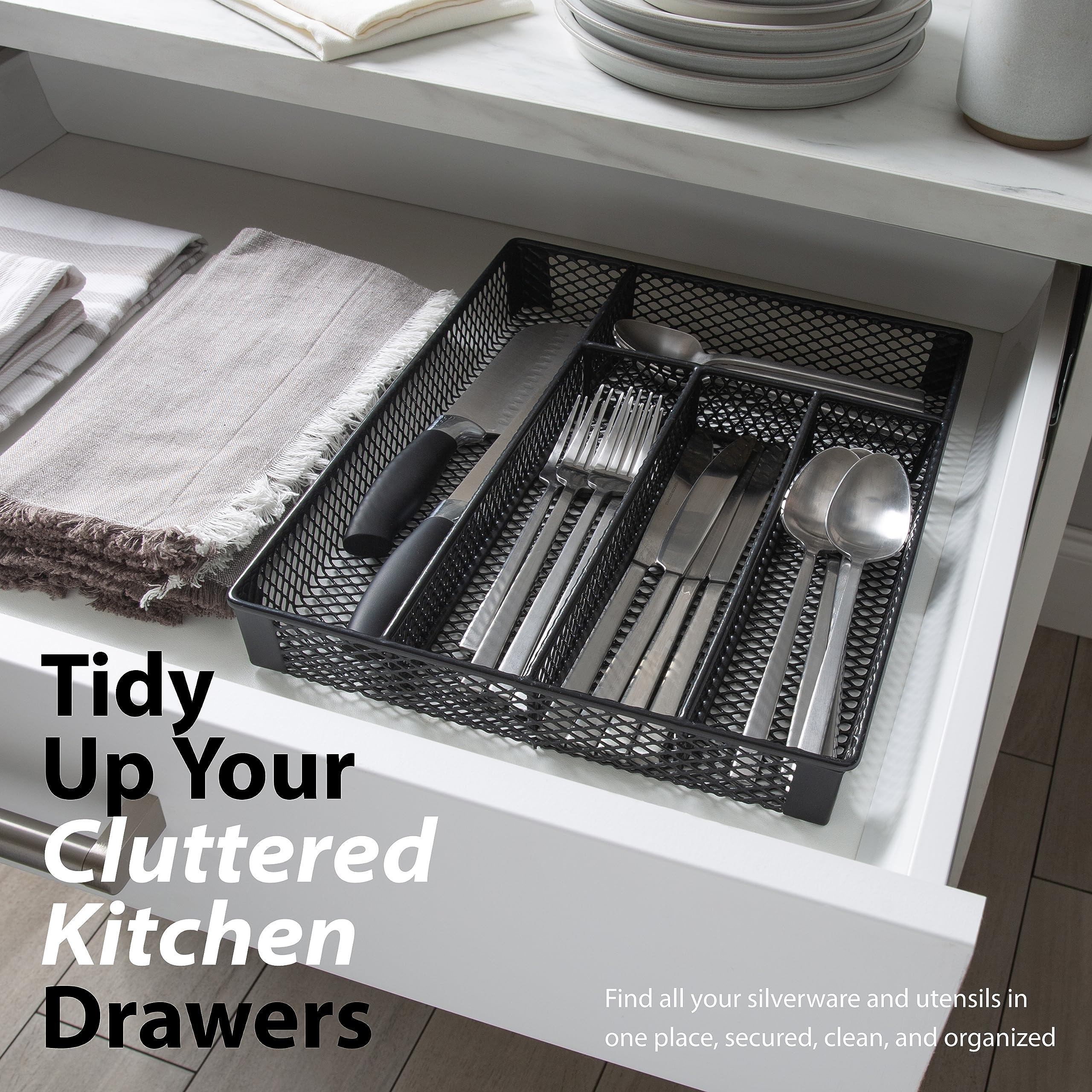 Kitchen Details 5 Compartment Flatware Drawer Organizer | Utensil Holder Tray | EVA Coated Protects Silverware | Black