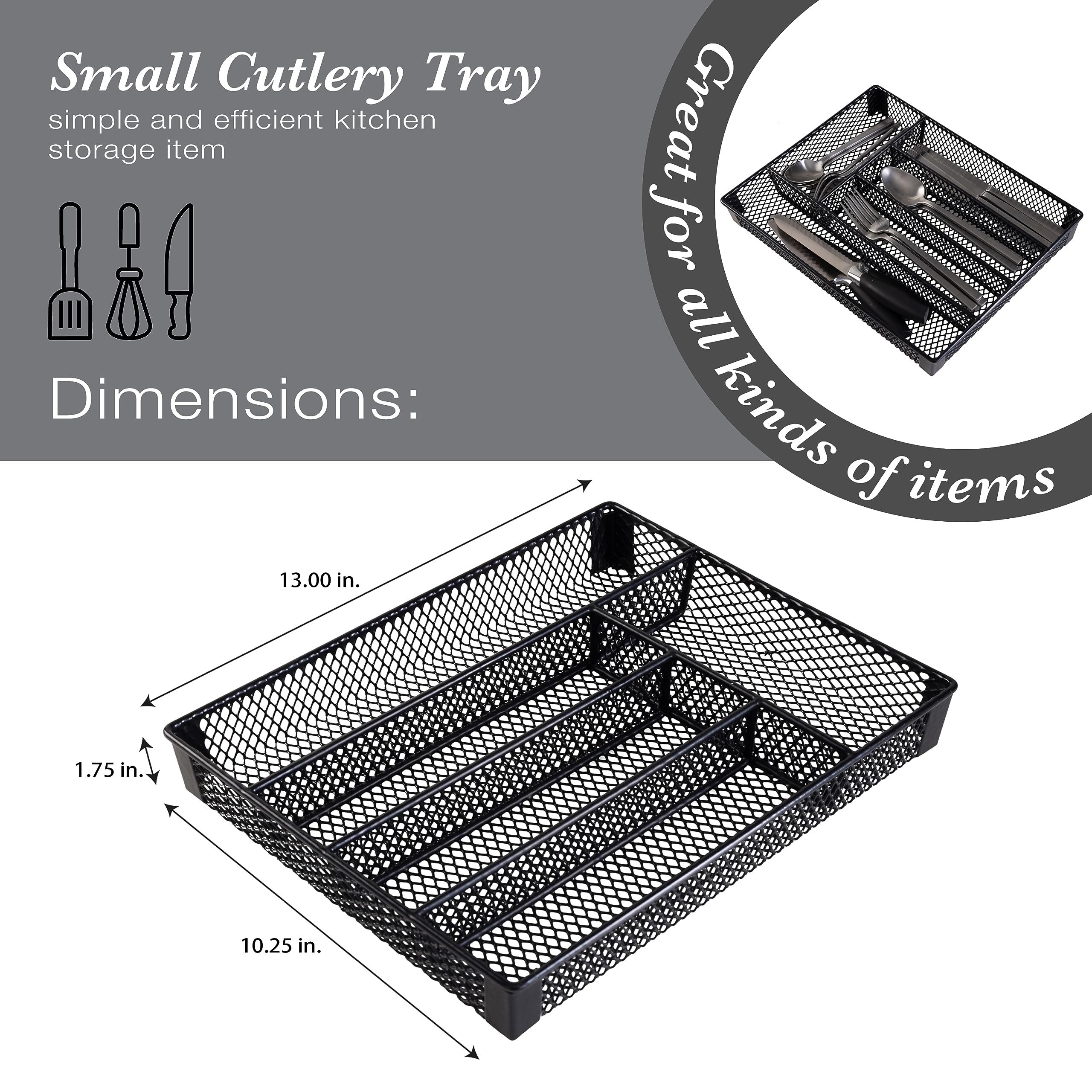 Kitchen Details 5 Compartment Flatware Drawer Organizer | Utensil Holder Tray | EVA Coated Protects Silverware | Black