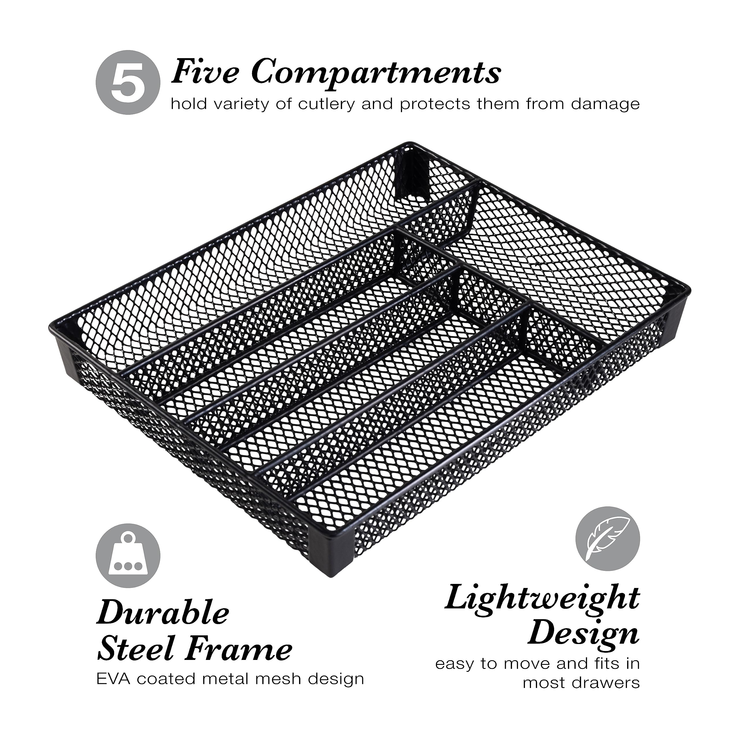 Kitchen Details 5 Compartment Flatware Drawer Organizer | Utensil Holder Tray | EVA Coated Protects Silverware | Black