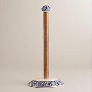 paper towel holder paper towel stand paper towel dispenser wooden and ceramic blue and white hand crafted and hand painted northern african design.