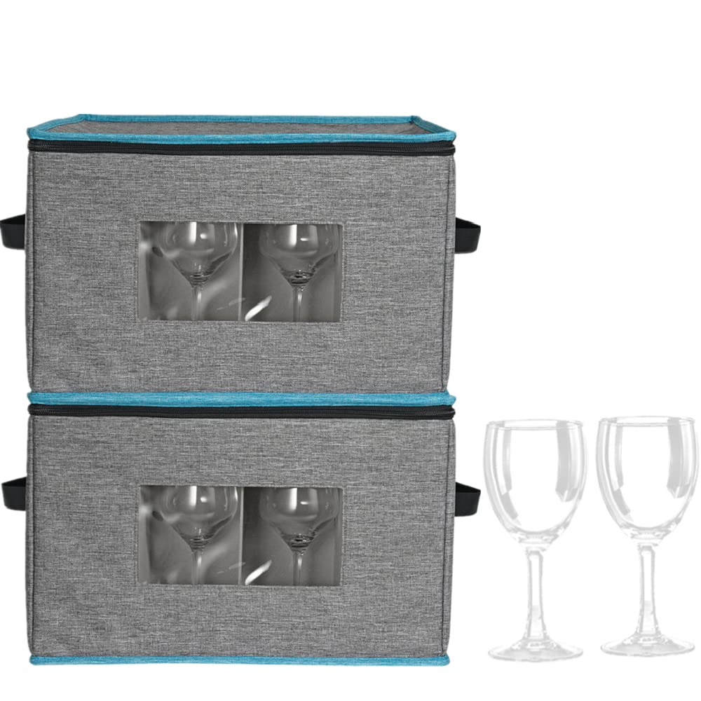 Benzoyl Stemware Storage Box, China Storage Containers Chest Boxes Holds 12 Wine Glass Canvas Case with Lid- 2 Pack