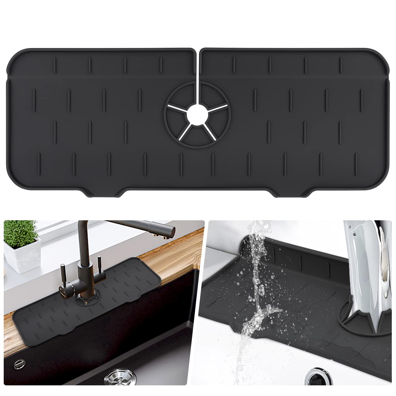 Premium Silicone Soap Holder for Bathroom Kitchen Self Draining Sink Draining Pad Behind Faucet Drip Protector Splash Countertop Sink Caddy Organizer for Dish Soap (Black)