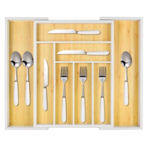 Cozee Bay Bamboo drawer organizer, utensil holder, silverware organizer, and adjustable cutlery tray with drawer dividers, for kitchen, office desk, and bathroom storage (White)