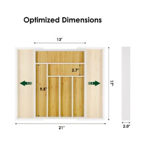 Cozee Bay Bamboo drawer organizer, utensil holder, silverware organizer, and adjustable cutlery tray with drawer dividers, for kitchen, office desk, and bathroom storage (White)