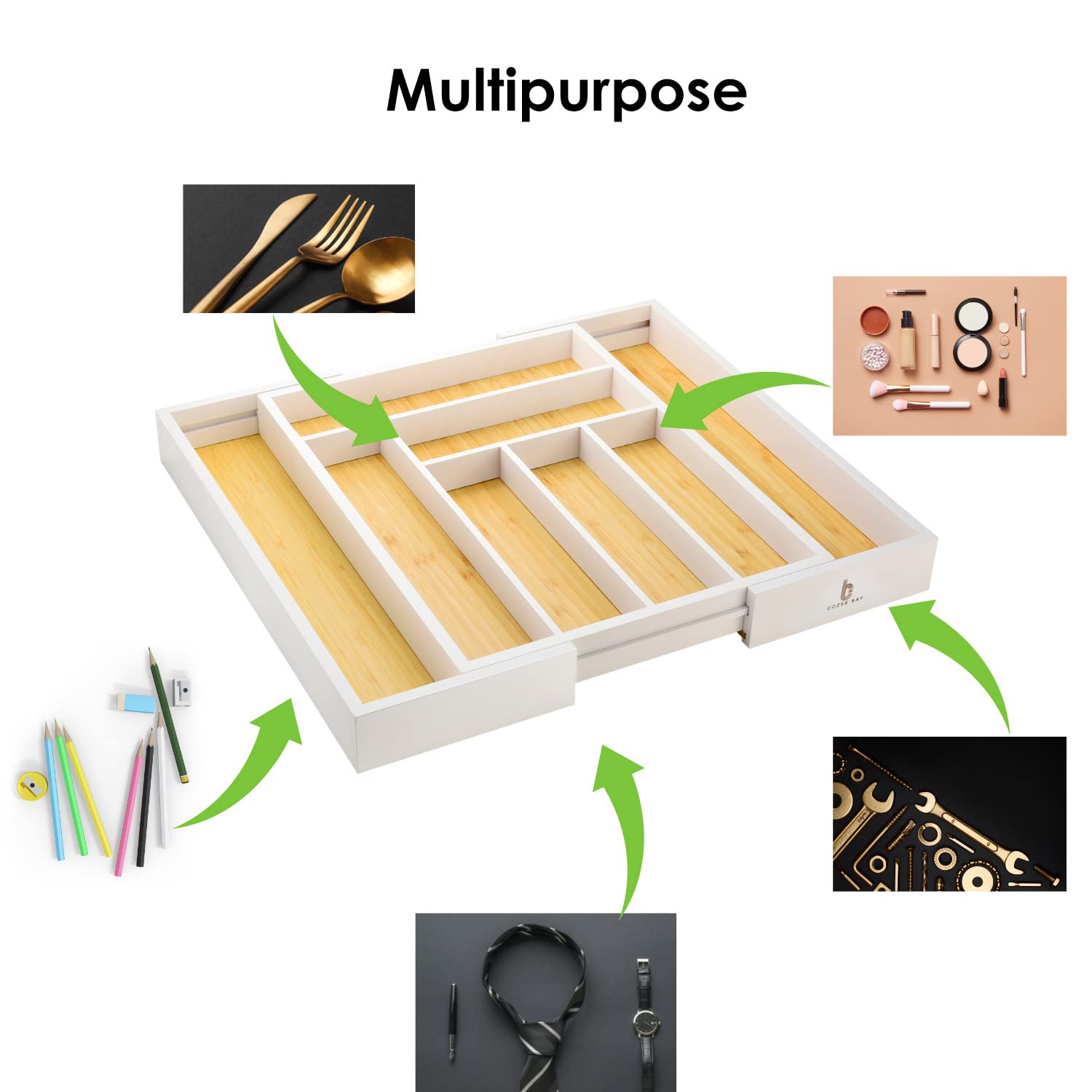 Cozee Bay Bamboo drawer organizer, utensil holder, silverware organizer, and adjustable cutlery tray with drawer dividers, for kitchen, office desk, and bathroom storage (White)