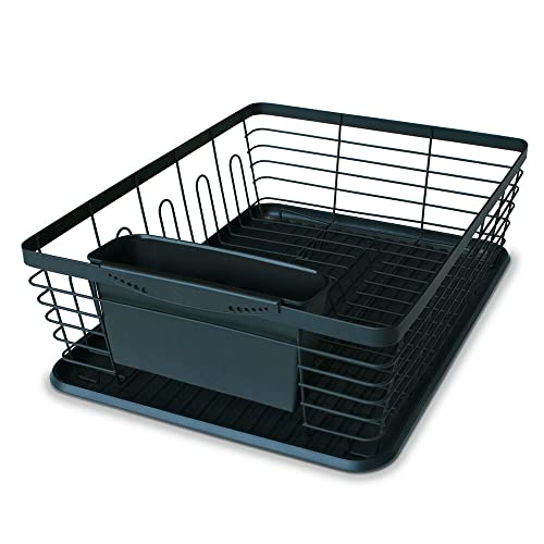 13" x 17" Steel Dish Drainer Rack with Plastic Tray and Detachable Silverware Holder (Black)