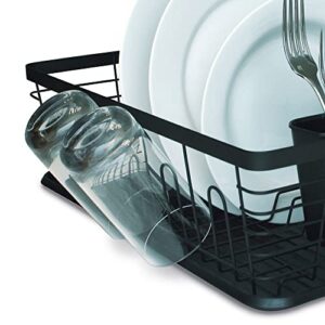 13" x 17" Steel Dish Drainer Rack with Plastic Tray and Detachable Silverware Holder (Black)
