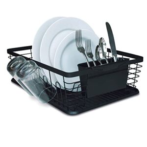 13" x 17" Steel Dish Drainer Rack with Plastic Tray and Detachable Silverware Holder (Black)