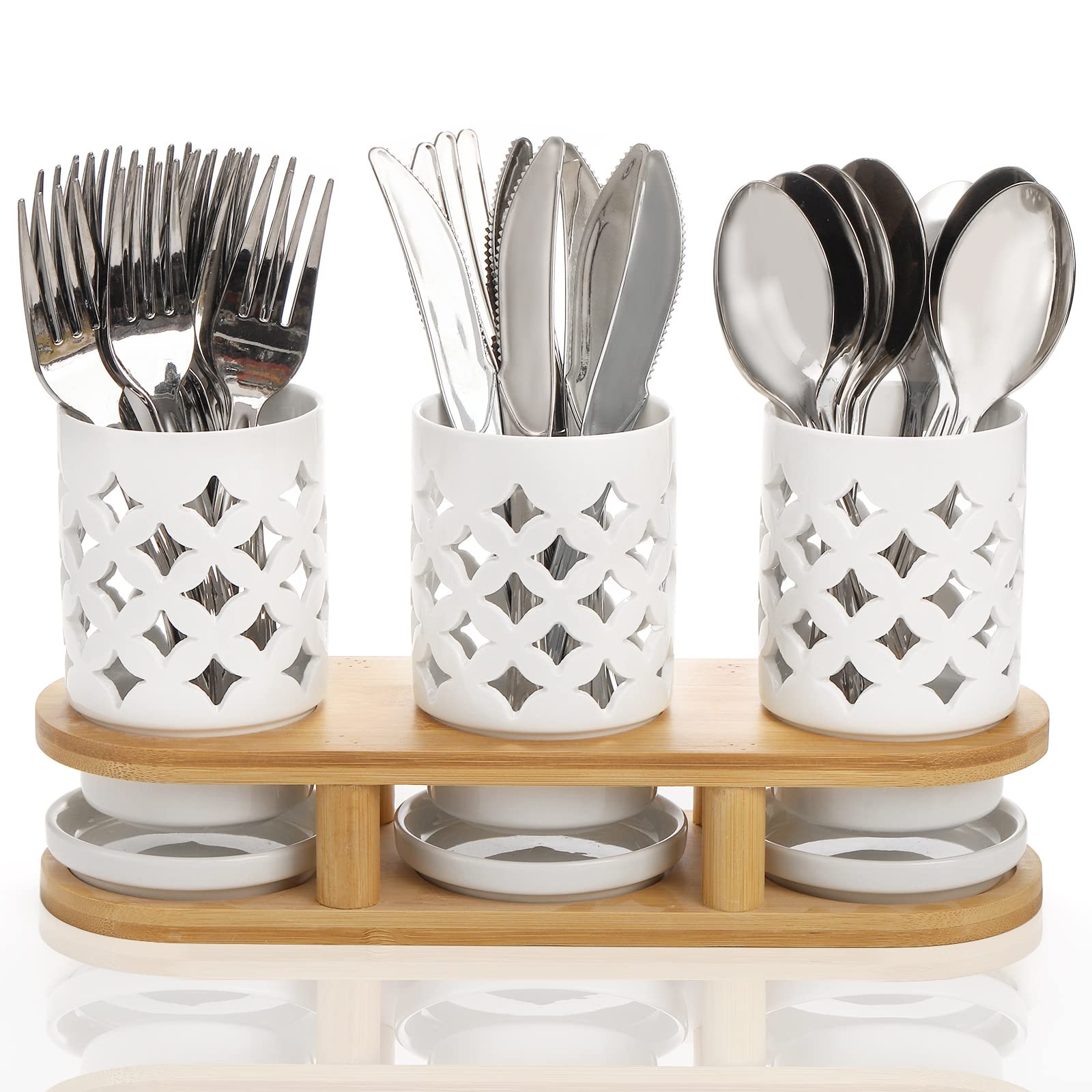 Lawei 3 Pieces Ceramic Silverware Caddy with Bamboo Base, Flatware Caddy Cutlery Storage Organizer for Forks, Spoons, Knives, Utensil Holder Tool Crock with Drain Holes for Kitchen, Cabinet or Pantry