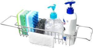 telescopic kitchen sink organizer rack, collapsible stainless steel sink caddy drainer with towel drying rack, sink basket with dishcloth hanger, soap and sponge holder