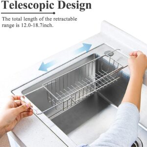 Telescopic Kitchen Sink Organizer Rack, Collapsible Stainless Steel Sink Caddy Drainer with Towel Drying Rack, Sink Basket with Dishcloth Hanger, Soap and Sponge Holder