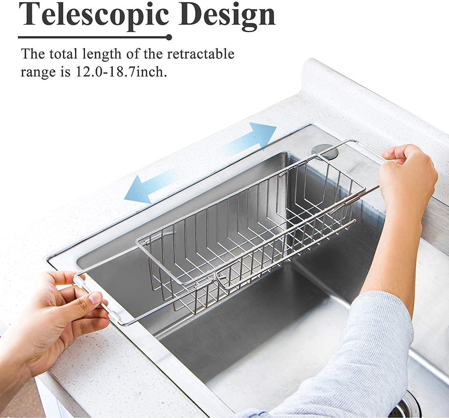 Telescopic Kitchen Sink Organizer Rack, Collapsible Stainless Steel Sink Caddy Drainer with Towel Drying Rack, Sink Basket with Dishcloth Hanger, Soap and Sponge Holder
