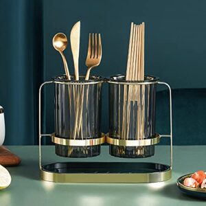 Hanobe Utensil Caddy Silverware Holder - Decorative Cutlery Caddy Gold Green Clear Flatware Storage Organizer Cup Countertop Platic Spoon Fork Knife holder for Table Dinning Kitchen Counter