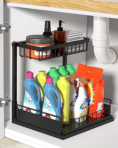 Under Sink Organizers,2-Tier Under Sink Organizers and Storage,Drill-Free Rustproof Stainless Steel Pull Out Shelf with Non-Slip Feet for Kitchen Bathroom, Black