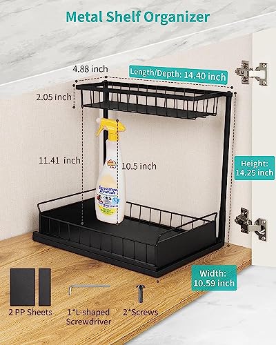 Under Sink Organizers,2-Tier Under Sink Organizers and Storage,Drill-Free Rustproof Stainless Steel Pull Out Shelf with Non-Slip Feet for Kitchen Bathroom, Black