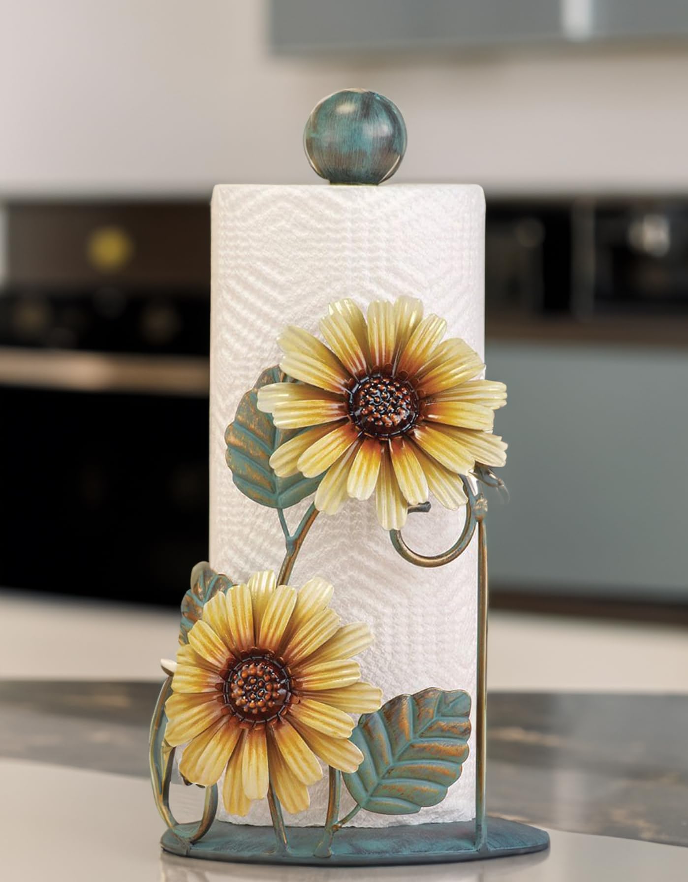 Sunflower-Themed Paper Towel Holder- Indoor Decorative Accent and Practical Accessory for Kitchen & Dining-Beautifully Designed Rustic Farmhouse Stand for Countertops,Complementing Sunflower Dish Sets