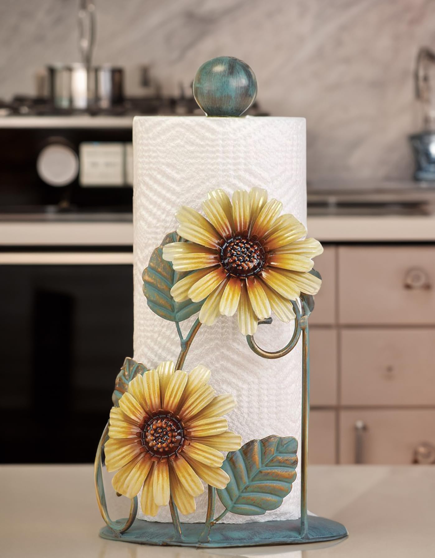 Sunflower-Themed Paper Towel Holder- Indoor Decorative Accent and Practical Accessory for Kitchen & Dining-Beautifully Designed Rustic Farmhouse Stand for Countertops,Complementing Sunflower Dish Sets