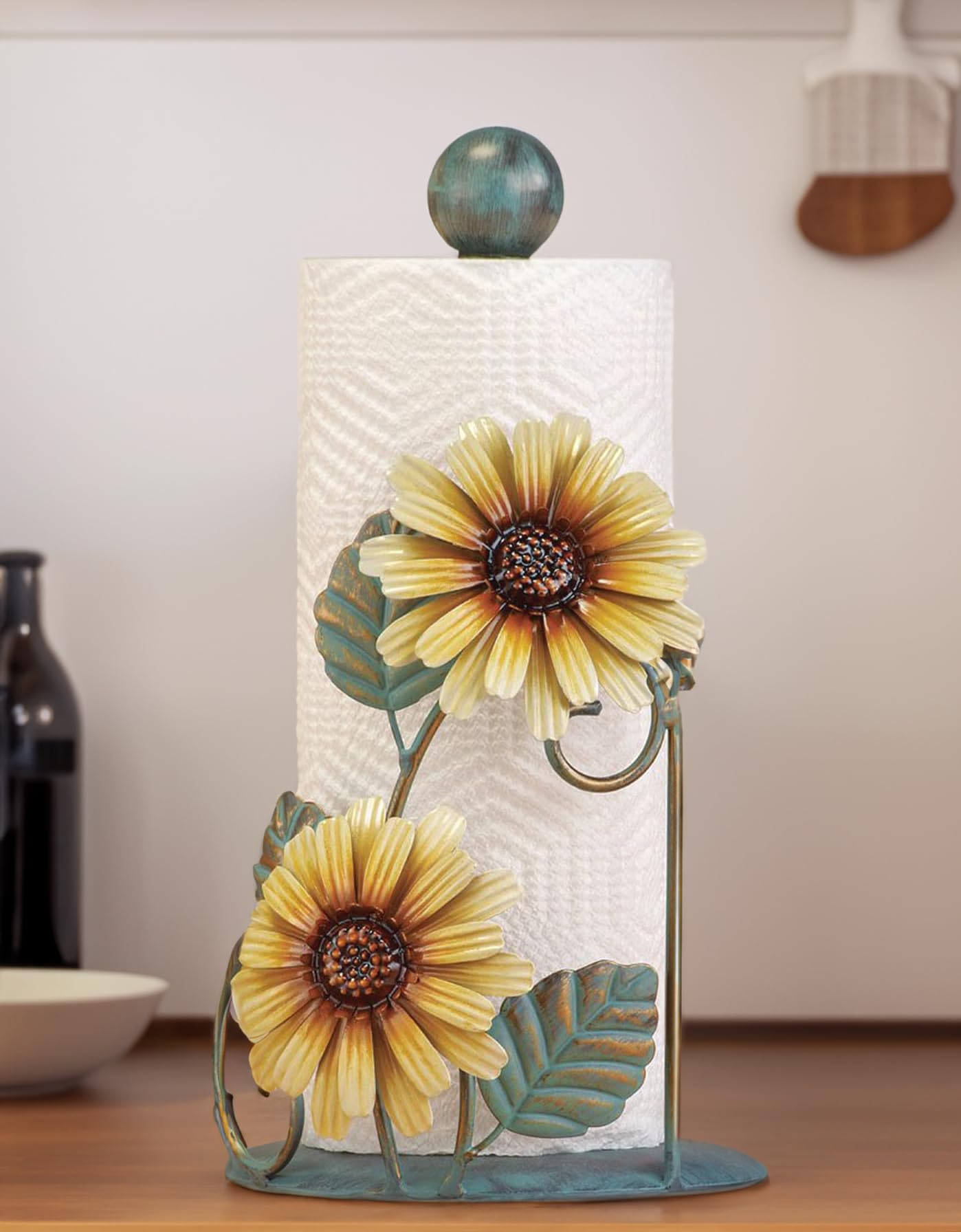 Sunflower-Themed Paper Towel Holder- Indoor Decorative Accent and Practical Accessory for Kitchen & Dining-Beautifully Designed Rustic Farmhouse Stand for Countertops,Complementing Sunflower Dish Sets