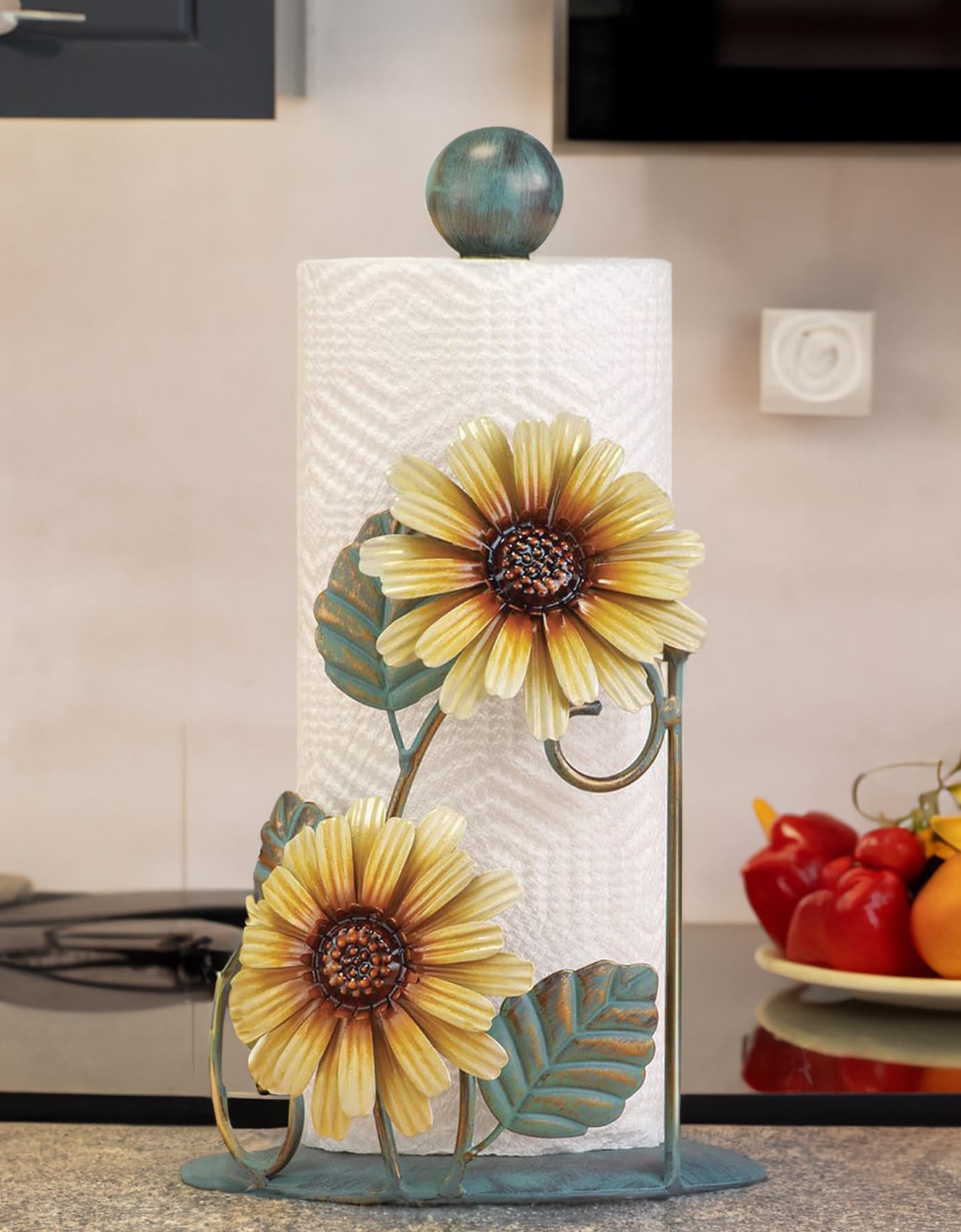 Sunflower-Themed Paper Towel Holder- Indoor Decorative Accent and Practical Accessory for Kitchen & Dining-Beautifully Designed Rustic Farmhouse Stand for Countertops,Complementing Sunflower Dish Sets