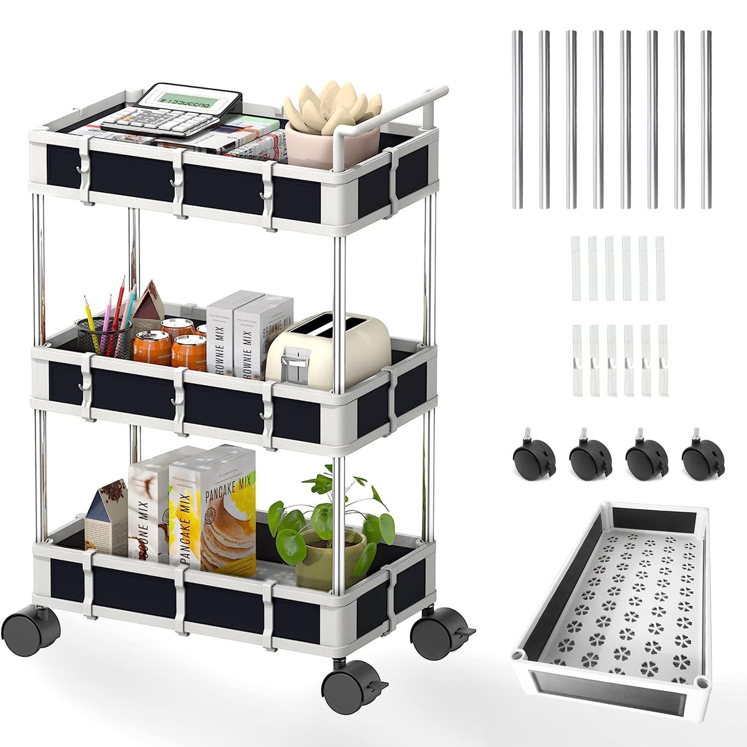 NUNET Under Sink Organizer w. Locking Casters & Handle 2/3/4 Tier Adjustable Small Rolling Cart Cabinet Storage Large Capacity Moving Cart w. Wheels for Kitchen, Bathroom, Countertop (2 Pack 2 Tier)