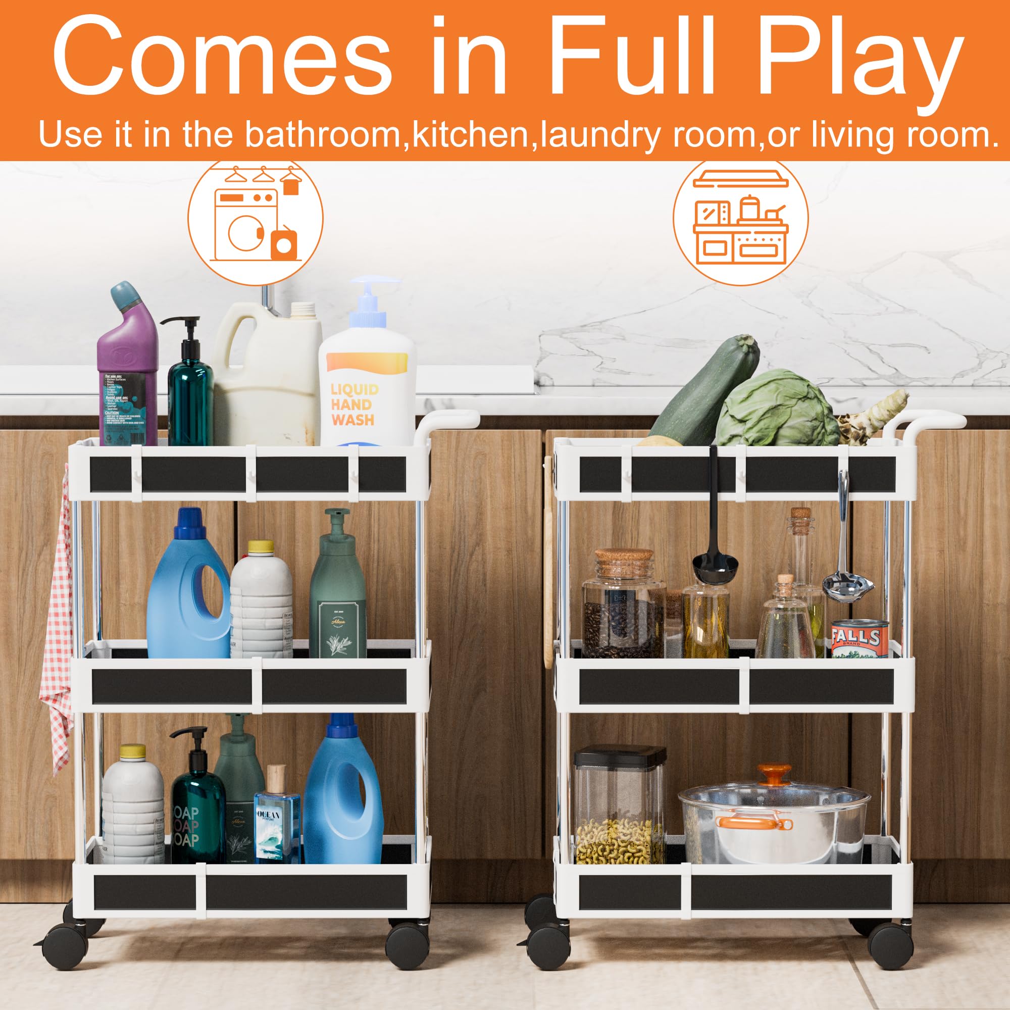 NUNET Under Sink Organizer w. Locking Casters & Handle 2/3/4 Tier Adjustable Small Rolling Cart Cabinet Storage Large Capacity Moving Cart w. Wheels for Kitchen, Bathroom, Countertop (2 Pack 2 Tier)