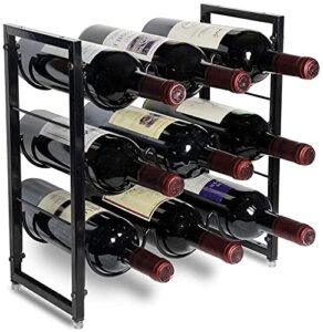 popku 9-bottles wine rack - 3 tier stackable wine holder for bottles - classic style wine shelf for pantry, perfect for bar, wine cellar, basement, cabinet, pantry, etc - metal (black)