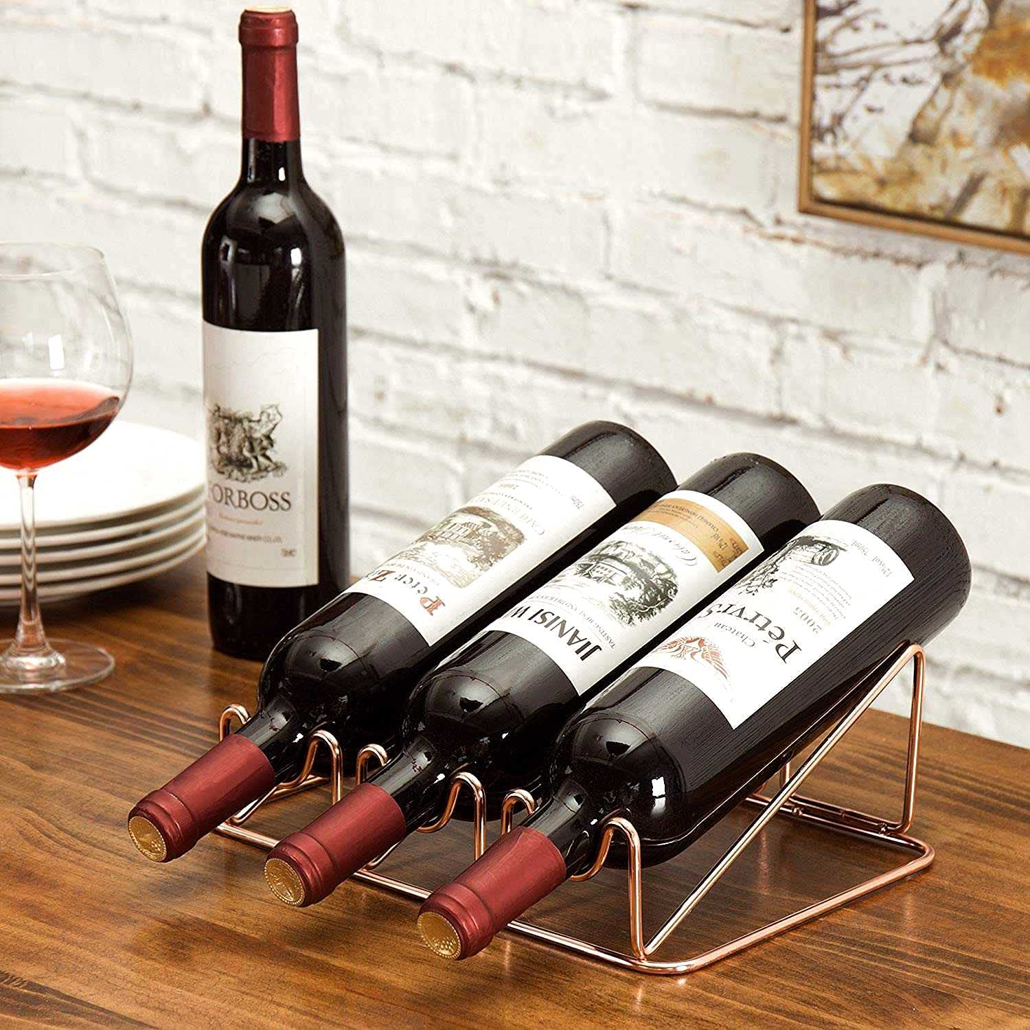 Countertop Wine Rack - 3 Bottle Wine Holder for Wine Storage - No Assembly - Modern Matte Black Metal Wine Rack - Wine Racks Countertop - Small Wine Rack - Wine Bottle Storage - Tabletop Wine Rack