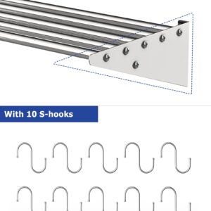 RIEDHOFF Metal Kitchen Rack for Storage and Organization, [NSF Certified] 12" x 36" Stainless Steel Wall Mount Shelf with 10 S Hooks for Hanging Pots, Pans, Cookware in Home and Restaurant