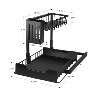 2 Pack Under Sink Organizer and Storage for Kitchen Cabinet, 2 Tier Double Shelf Drawer Under Sink Pull Out Organizers for Bathroom Cabinet with 8 Hooks & 2 Cups