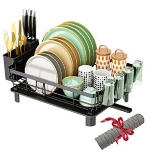 THEYFIRST Dish Drying Rack,Dish Racks for Kitchen Counter, Black Dish Dryer Rack with Drainage, Large Capacity Dish Drainer with Utensil Holder and Extra Dish Drying Mat (Black-A)