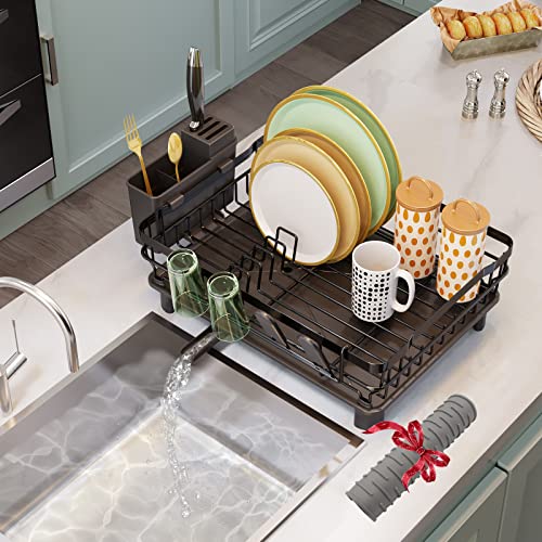 THEYFIRST Dish Drying Rack,Dish Racks for Kitchen Counter, Black Dish Dryer Rack with Drainage, Large Capacity Dish Drainer with Utensil Holder and Extra Dish Drying Mat (Black-A)