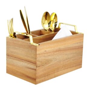 spiretro flatware caddy - silverware utensil holder - condiment organizer for kitchen, dining, entertaining, picnics - 4 compartments - solid acacia wood with golden metal handle - brown