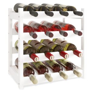 smibuy bamboo wine rack, 16 bottles display holder, 4-tier free standing storage shelves for kitchen, pantry, cellar, bar (white)