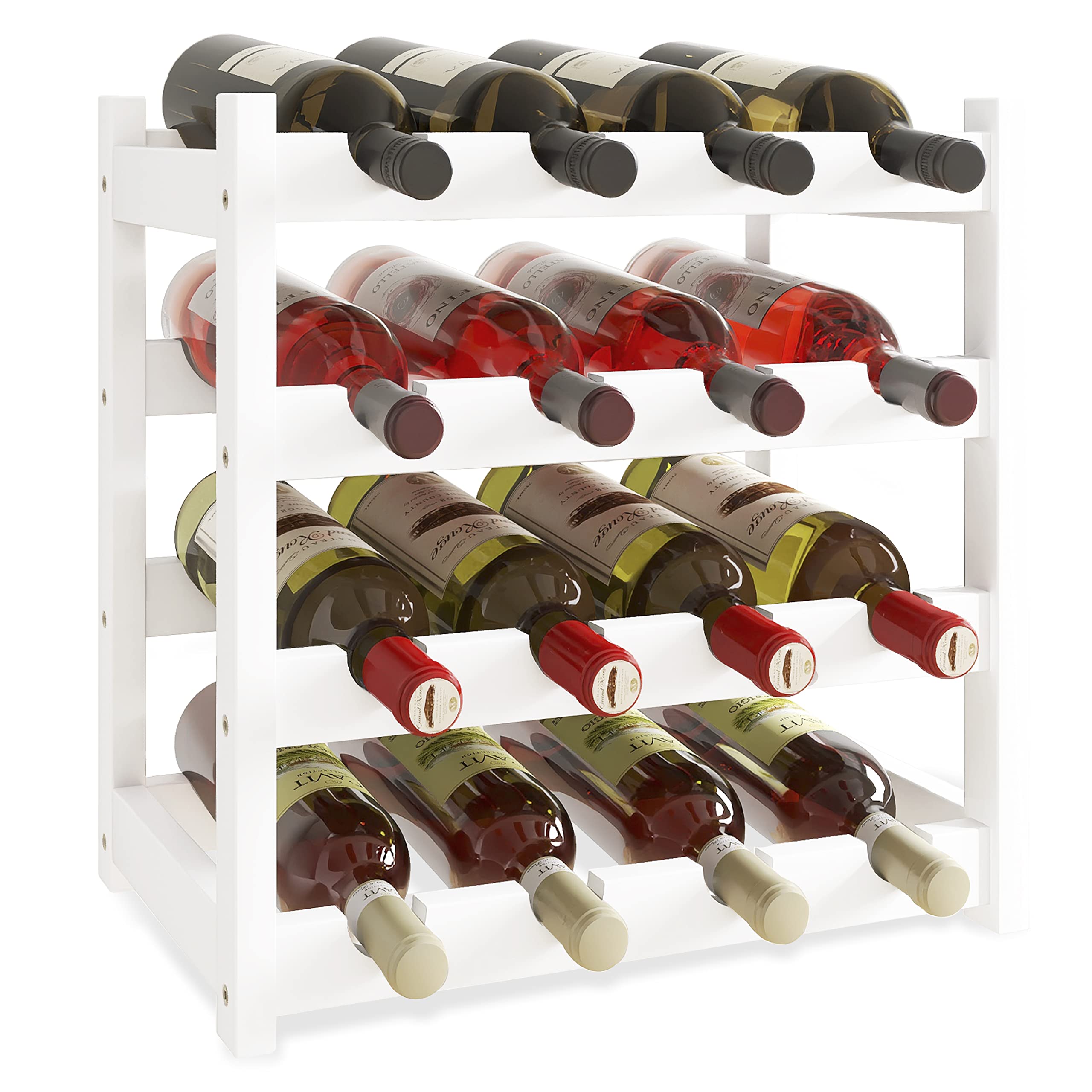 SMIBUY Bamboo Wine Rack, 16 Bottles Display Holder, 4-Tier Free Standing Storage Shelves for Kitchen, Pantry, Cellar, Bar (White)