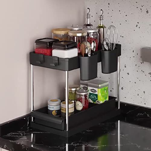 XIBALAGA Under Sink Organizer,2 Tier Under Sink Organizers And Storage For Kitchen Bathroom,Under Sink Cabinet Organizer，Multi-purpose Stable And Sturdy Countertop Organizer (black one sliding)