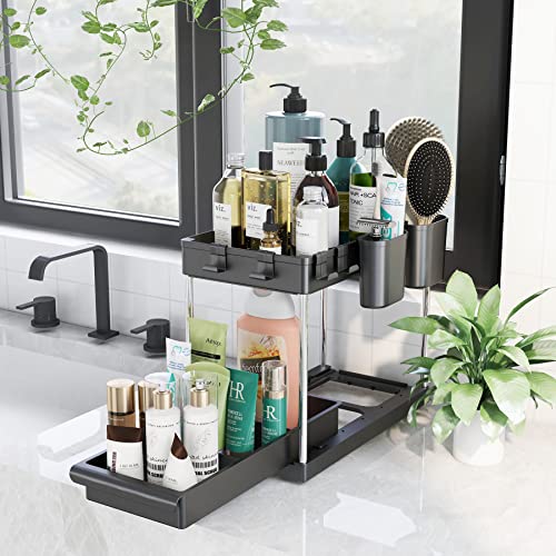 XIBALAGA Under Sink Organizer,2 Tier Under Sink Organizers And Storage For Kitchen Bathroom,Under Sink Cabinet Organizer，Multi-purpose Stable And Sturdy Countertop Organizer (black one sliding)