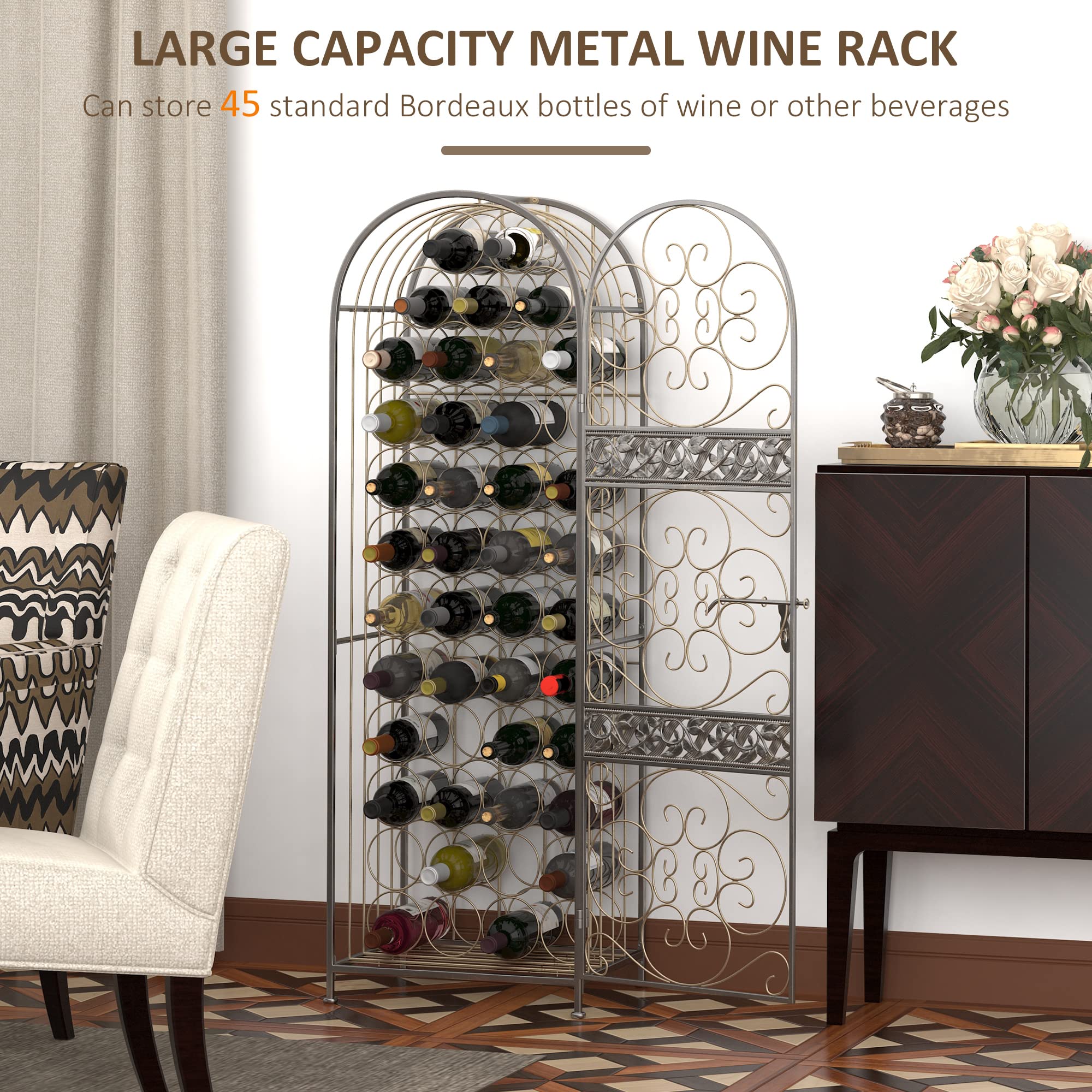 HOMCOM 45 Bottle Wrought Iron Wine Rack Jail with Lock - Antique Bronze