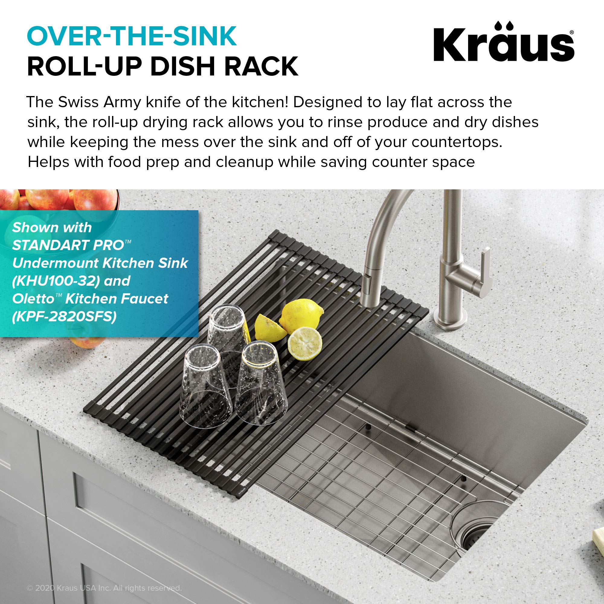 Kraus KHU100-32 Standart PRO 16 Gauge Undermount Single Bowl Stainless Steel Kitchen Sink, 32 Inch and KRAUS Multipurpose Over-Sink Roll-Up Dish Drying Rack, Colander and Trivet in Black, KRM-10BLACK