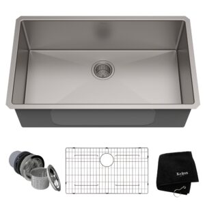 Kraus KHU100-32 Standart PRO 16 Gauge Undermount Single Bowl Stainless Steel Kitchen Sink, 32 Inch and KRAUS Multipurpose Over-Sink Roll-Up Dish Drying Rack, Colander and Trivet in Black, KRM-10BLACK