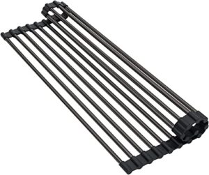 lordear black roll up dish drying rack foldable over the sink dish rack anti-slip silicone coated steel dish drainer for kitchen counter roll up sink drying rack, 19.53"x10.75"