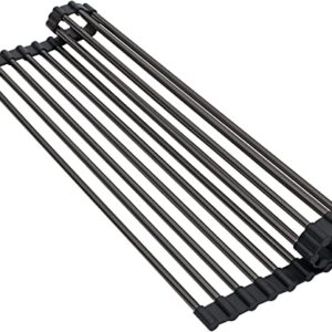 Lordear Black Roll Up Dish Drying Rack Foldable Over The Sink Dish Rack Anti-Slip Silicone Coated Steel Dish Drainer for Kitchen Counter Roll Up Sink Drying Rack, 19.53"x10.75"