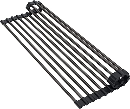 Lordear Black Roll Up Dish Drying Rack Foldable Over The Sink Dish Rack Anti-Slip Silicone Coated Steel Dish Drainer for Kitchen Counter Roll Up Sink Drying Rack, 19.53"x10.75"