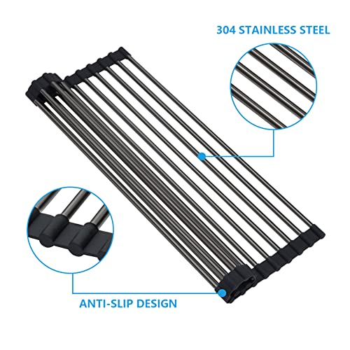 Lordear Black Roll Up Dish Drying Rack Foldable Over The Sink Dish Rack Anti-Slip Silicone Coated Steel Dish Drainer for Kitchen Counter Roll Up Sink Drying Rack, 19.53"x10.75"