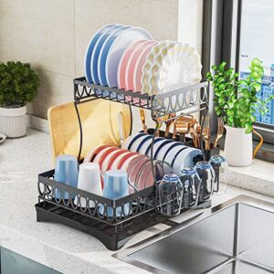 gillas dish drying rack, 2 tier dish racks for kitchen counter, kitchen organization with large capacity dish drainers & drainboard, dish rack with utensils & glass holder, black