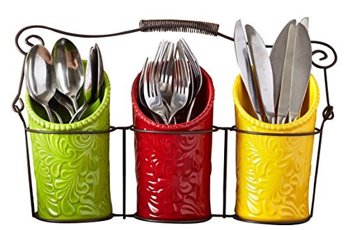 ienjoyware Kitchen Utensil Holder Set (4 Pieces) - 3 Ceramic Crocks & 1 Portable Wire Caddy - Multi-Color