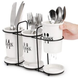 Fasmov Flatware Holder, 3-Piece Silverware Caddy Utensil Holder Ceramic Flatware Caddy with Metal Rack, Flatware Caddy White Ceramic Cutlery Organizer for Forks, Spoons, Knives