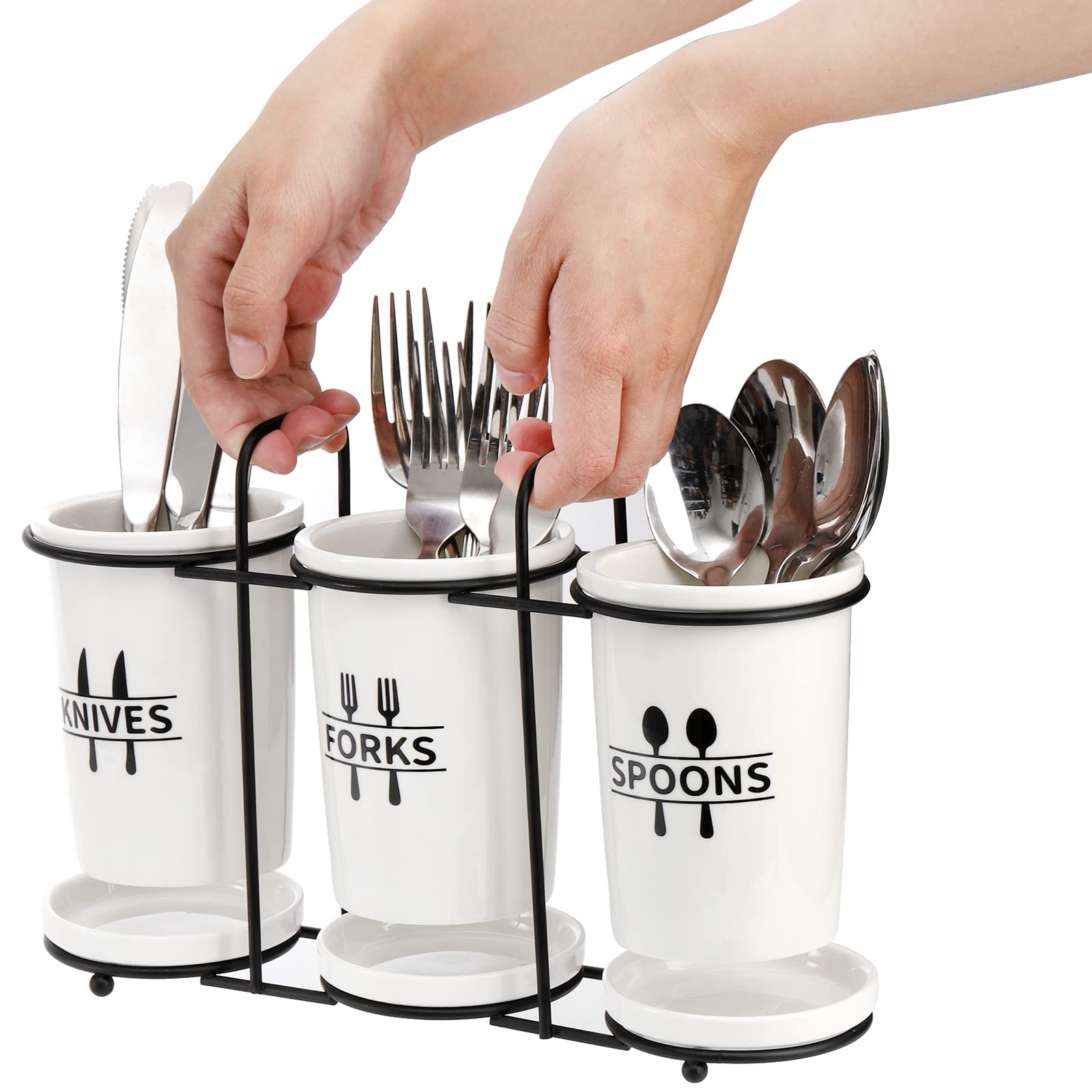 Fasmov Flatware Holder, 3-Piece Silverware Caddy Utensil Holder Ceramic Flatware Caddy with Metal Rack, Flatware Caddy White Ceramic Cutlery Organizer for Forks, Spoons, Knives