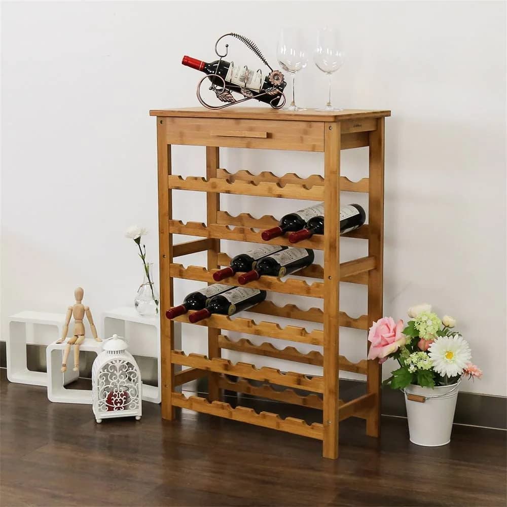 KINTNESS 36 Bottle Bamboo Wine Rack, FreeStanding Display Storage Rack Wine Display Shelf w/Countertop