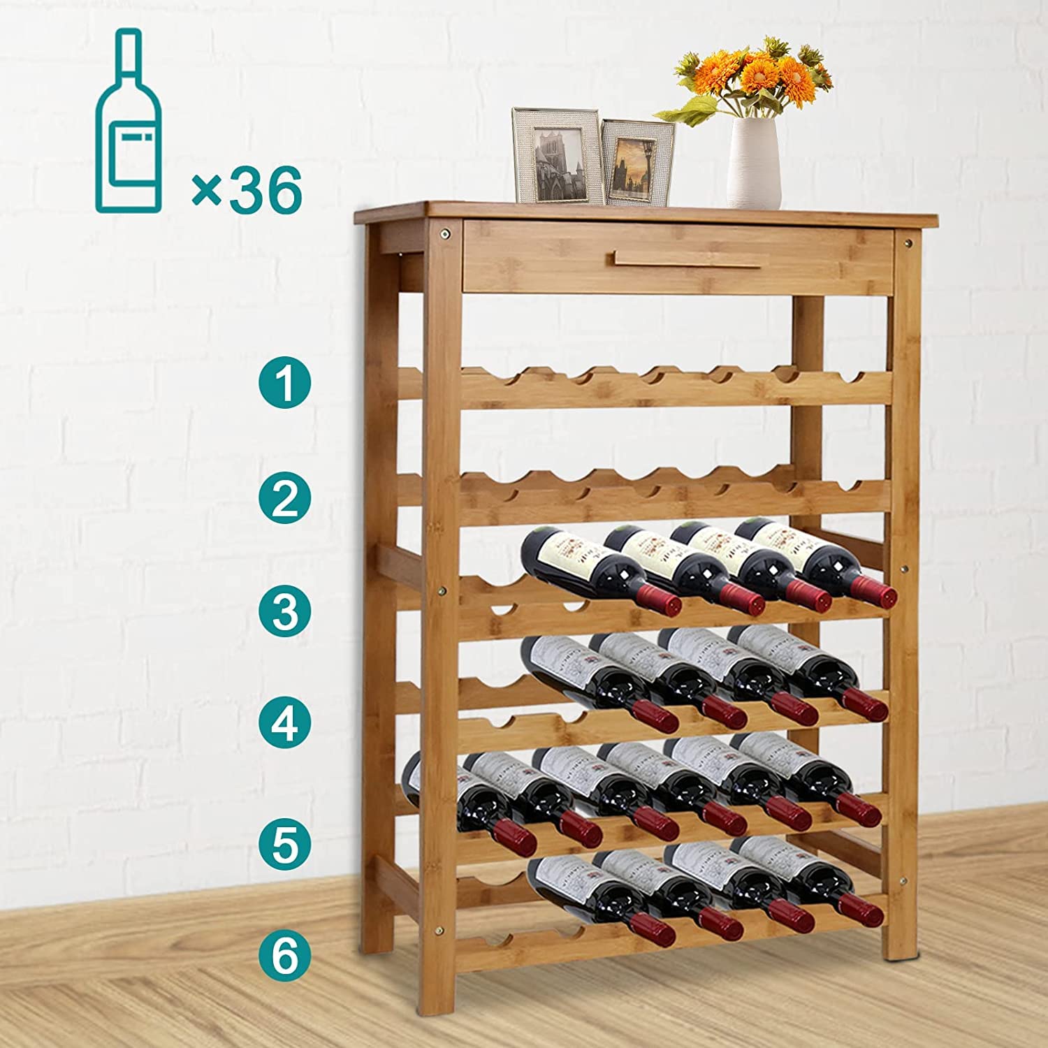 KINTNESS 36 Bottle Bamboo Wine Rack, FreeStanding Display Storage Rack Wine Display Shelf w/Countertop